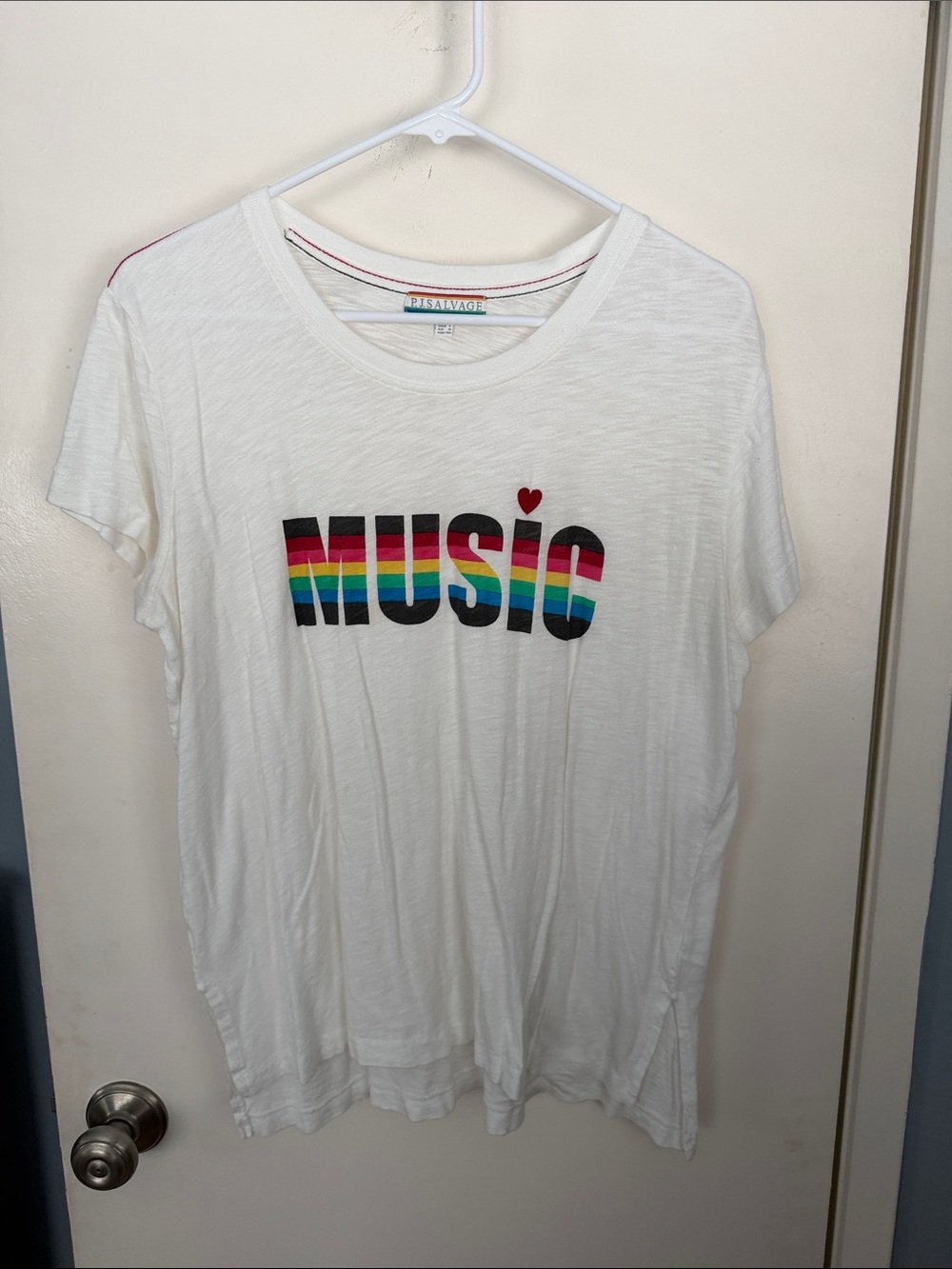 PJ Salvage White Tee with Rainbow MUSIC Graphic - Sz L